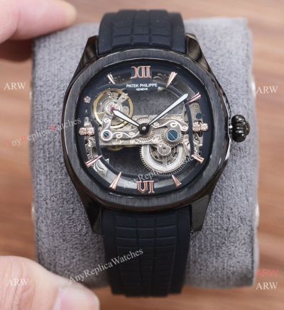 Copy Patek Philippe Geneve Open-Work Dial Rubber Strap Watches